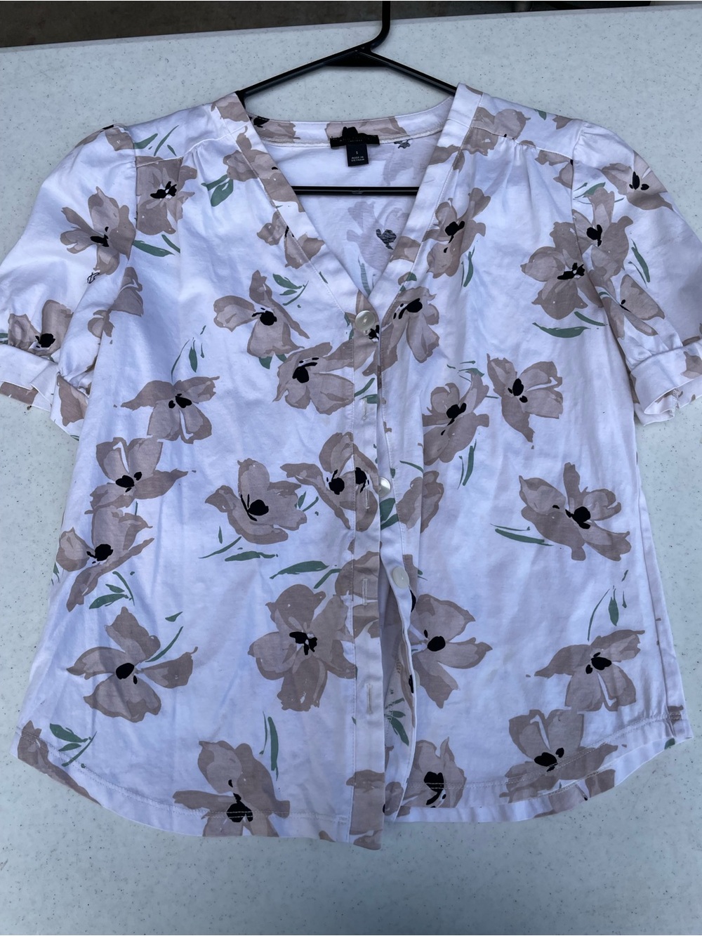 Ann Taylor White Blouse with Beige Floral Print